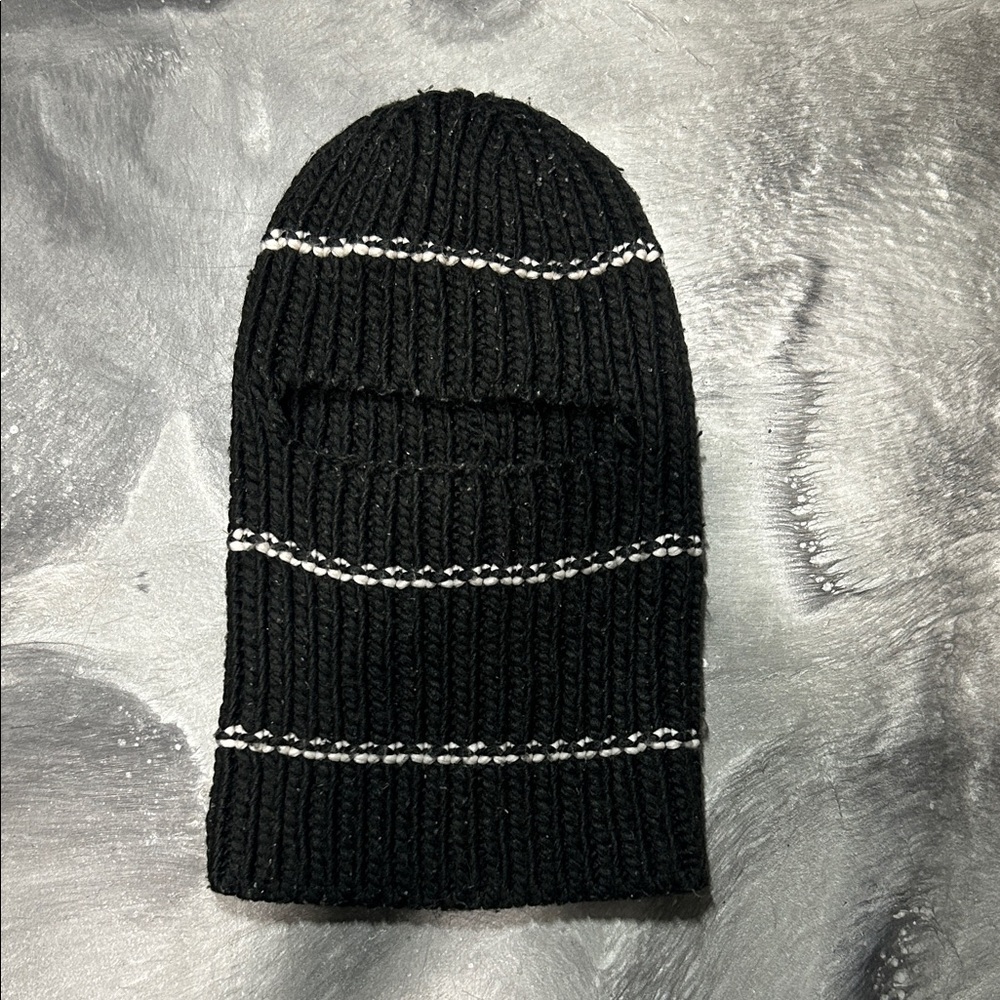 Black Knit Beanie with White Stripes